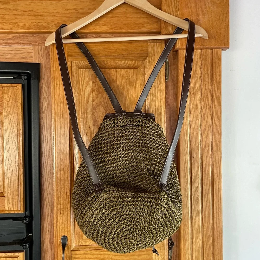 Cappelli Straworld Olive Green Woven Raffia Backpack Brown Faux Leather Trim